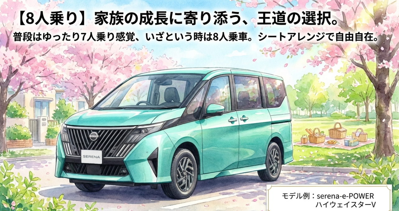 8人乗りセレナが家族の成長に合わせて使えることを示すスライド