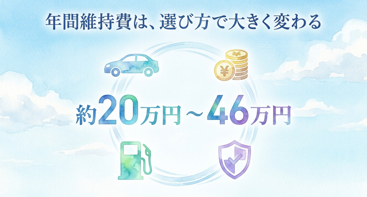 セレナの年間維持費が選び方によって約20万円から46万円まで変わることを示したスライド