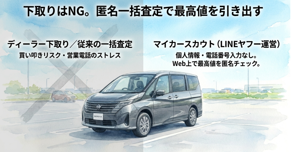 ディーラー下取りではなく匿名一括査定でセレナ購入資金を最大化する方法を示すスライド