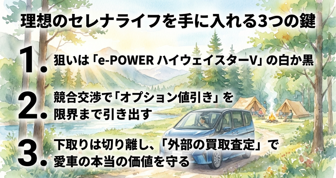 理想のセレナを安く手に入れるための3つの鍵をまとめたスライド