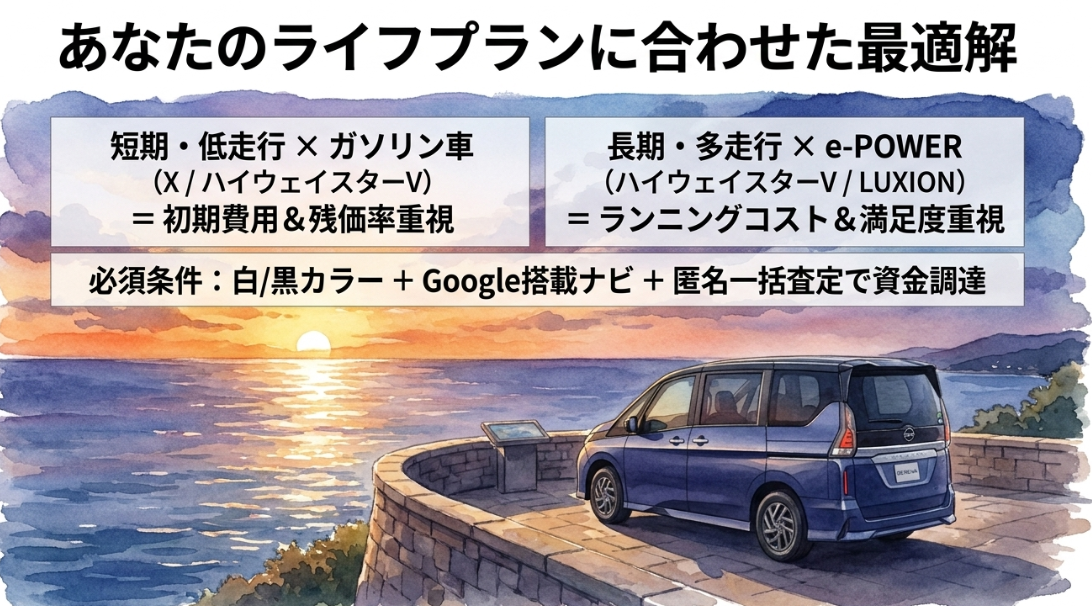 短期低走行はガソリン車、長期多走行はe-POWERが向くというセレナ選びの最適解をまとめたスライド