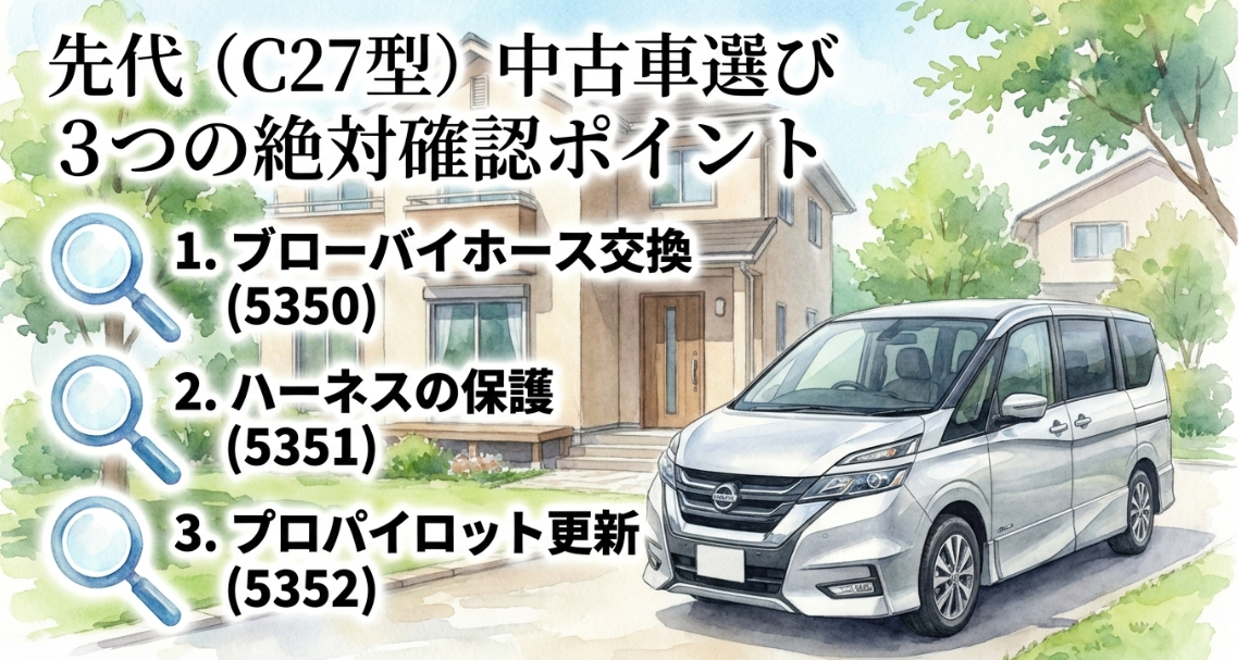 先代セレナC27型の中古車選びで確認すべきブローバイホース、ハーネス、プロパイロット更新の3ポイント