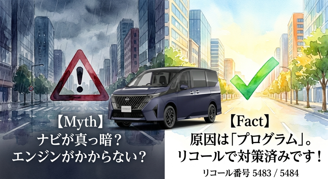 セレナC28のナビブラックアウトや始動不良は制御プログラムが原因でリコール対策済みであることを示すスライド