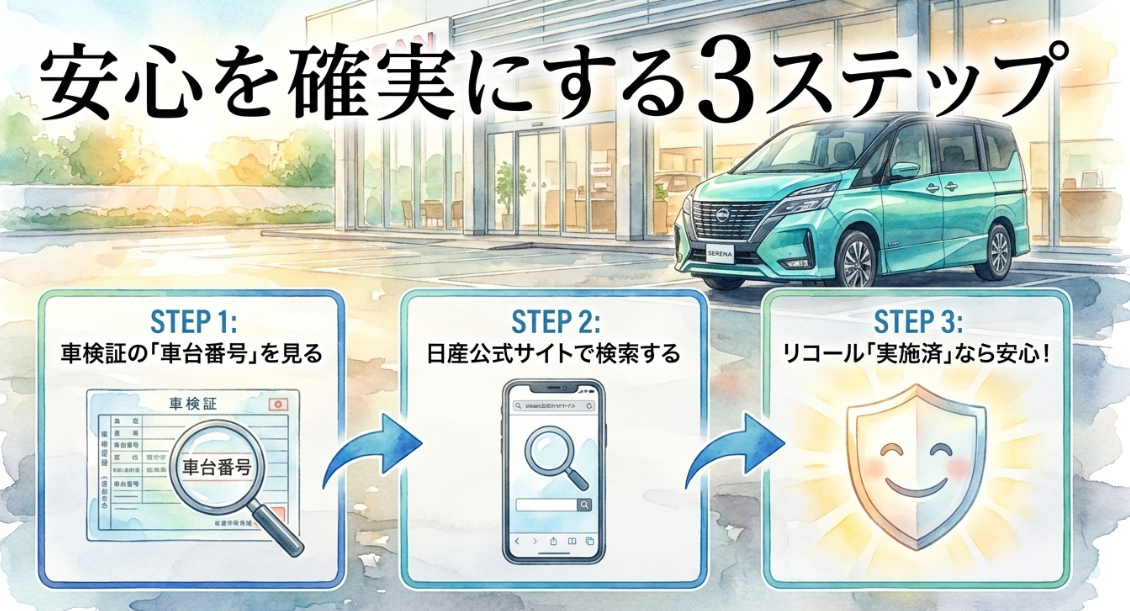 セレナC28のリコール対象車を車検証の車台番号で日産公式サイトから検索し実施済みを確認する3ステップ