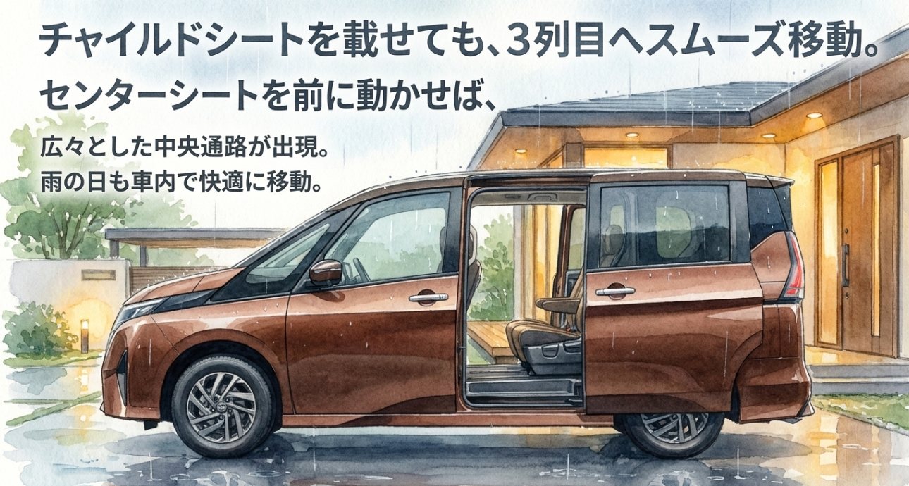 チャイルドシートを載せたまま3列目へ移動しやすいセレナのシートアレンジ