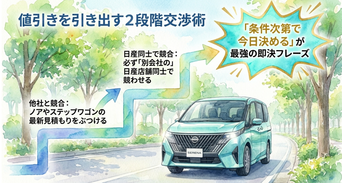 セレナの値引きを引き出すために他社競合と日産同士の競合を使う2段階交渉術