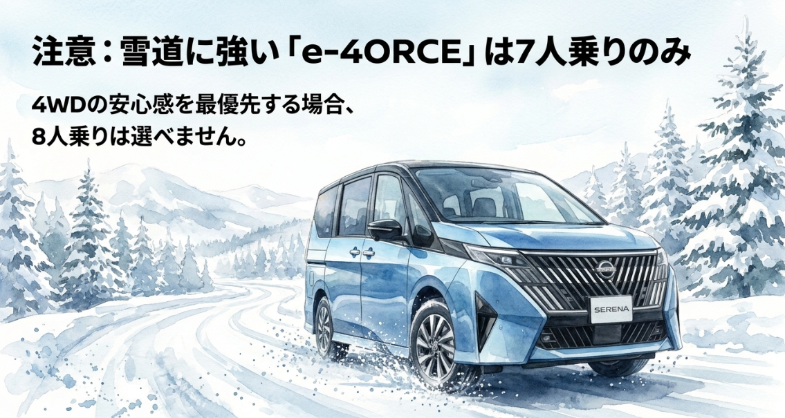 セレナのe-4ORCEは7人乗りのみで、4WDの安心感を優先すると8人乗りを選べないことを説明するスライド
