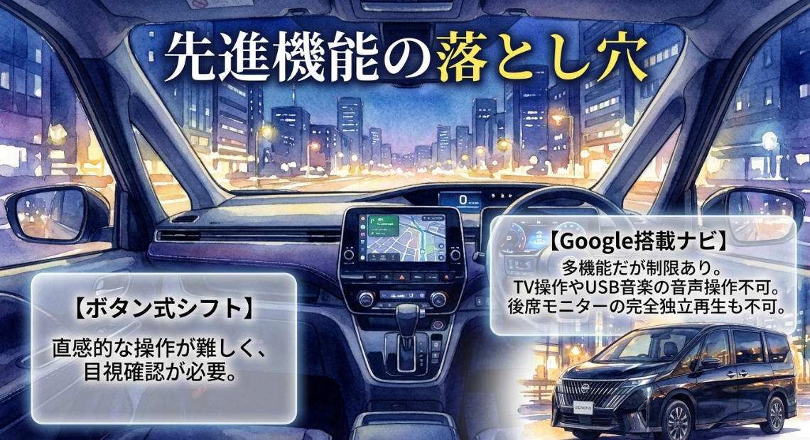 新型セレナのボタン式シフトとGoogle搭載ナビで購入前に確認したい操作性と機能制限