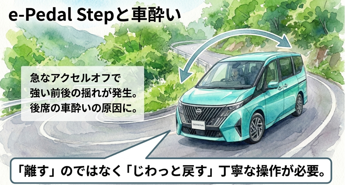 セレナ e-POWERのe-Pedal Stepで急なアクセルオフによる揺れや後席の車酔いを防ぐ操作ポイント
