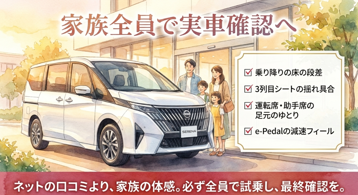 セレナ e-POWERを家族全員で試乗して乗降時の段差や足元空間やe-Pedal Stepを確認するチェックリスト