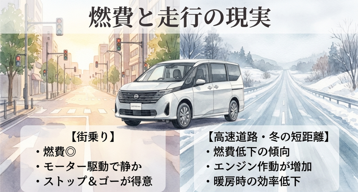 セレナ e-POWERの街乗り燃費と高速道路や冬の短距離走行で燃費が低下しやすい現実