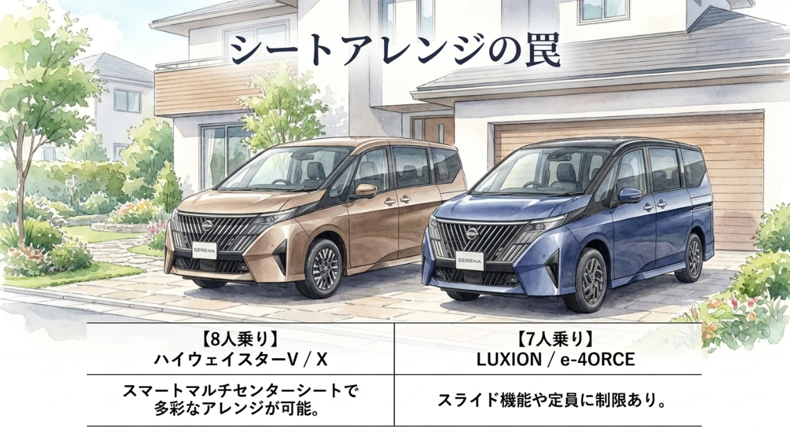 セレナ e-POWERの8人乗りと7人乗りで異なるシートアレンジとグレード選びの注意点