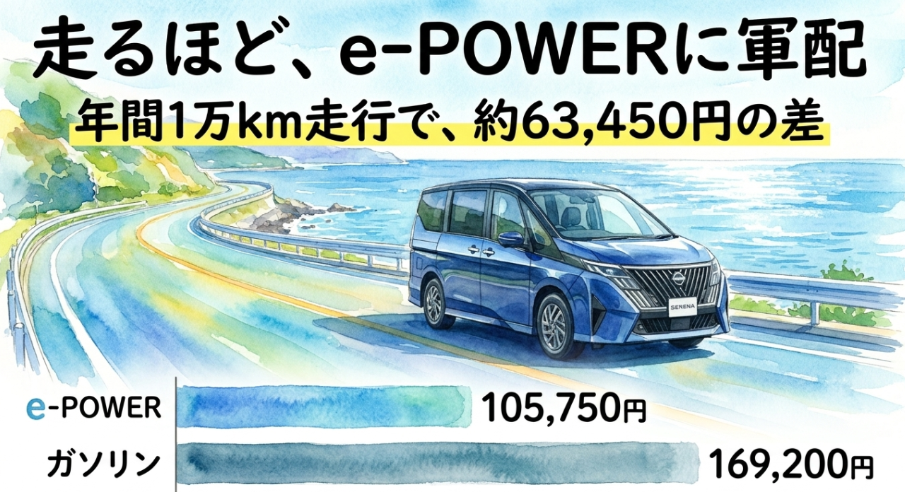 年間1万km走行時にセレナe-POWERとガソリン車で燃料費に約63,450円の差が出ることを示したスライド
