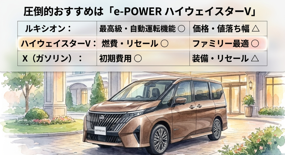 セレナでおすすめのe-POWERハイウェイスターVをルキシオンやガソリン車と比較したスライド