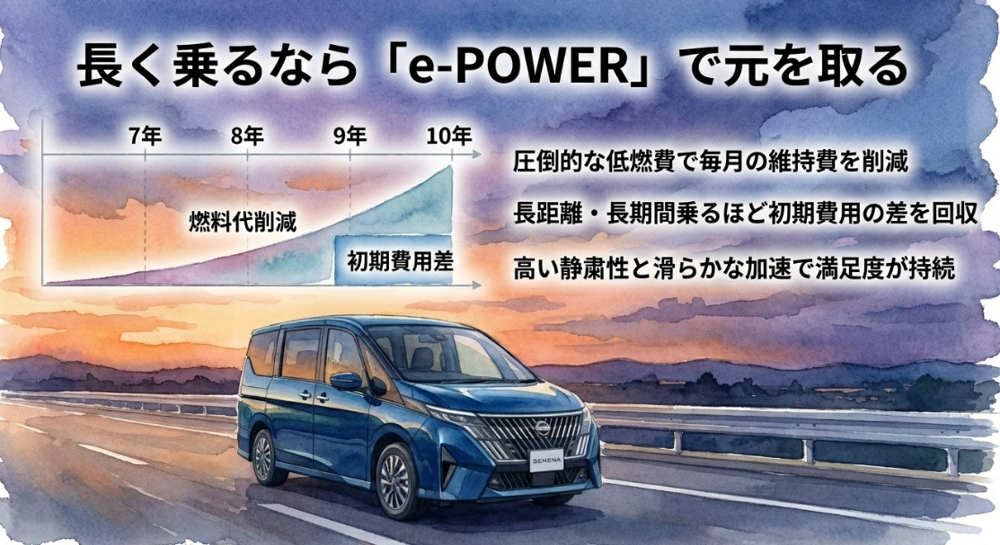 長く乗るほど低燃費で初期費用差を回収しやすいセレナe-POWERの価値を示すスライド