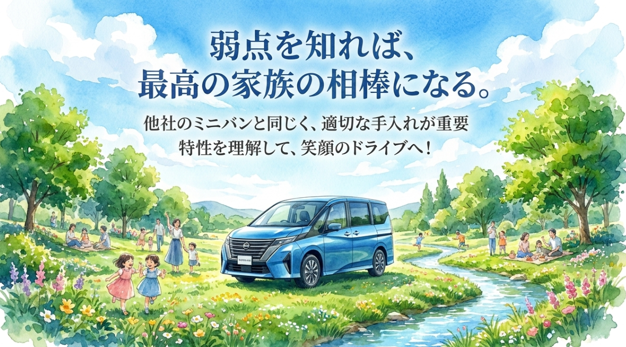 セレナの弱点を理解して適切に手入れすれば、家族の頼れる相棒になることを伝えるまとめスライド