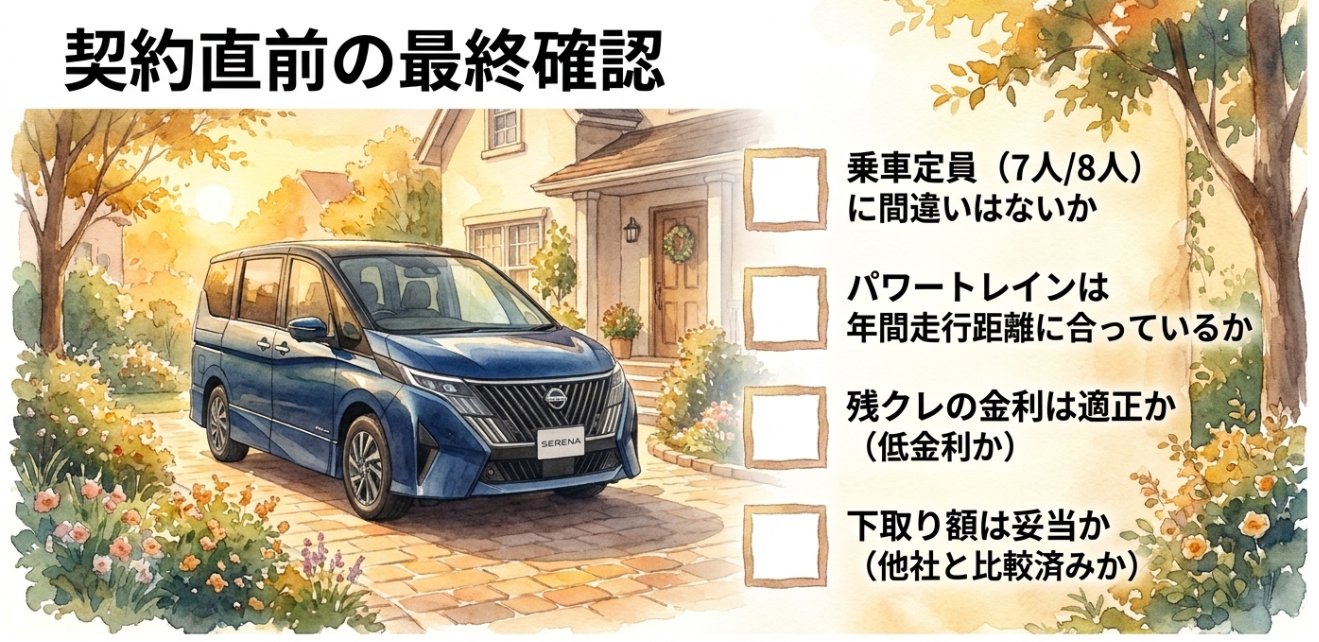 セレナ契約前に確認したい乗車定員やパワートレイン、金利、下取りのチェック項目