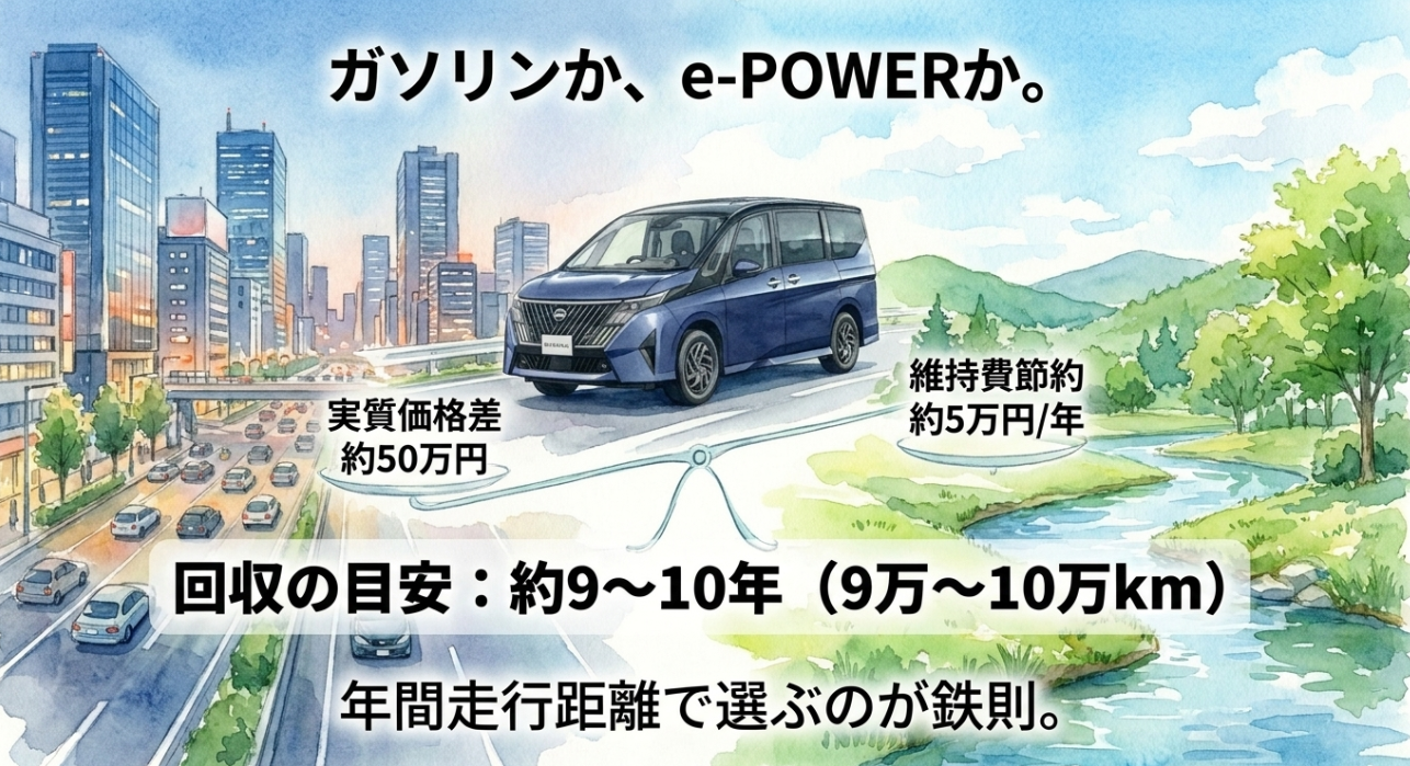 セレナのガソリン車とe-POWERの価格差や維持費回収年数を比較した図