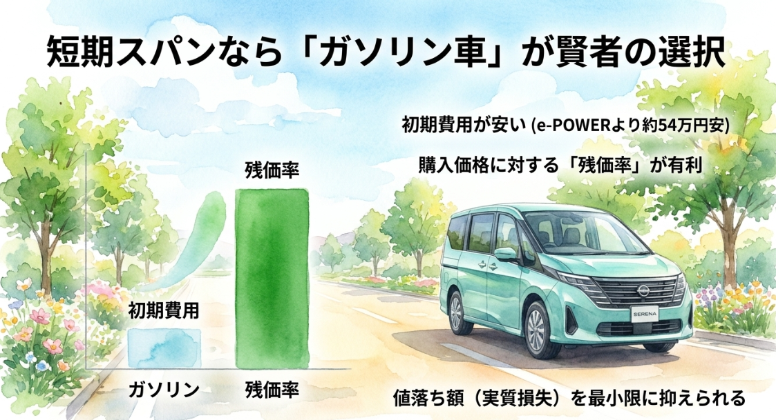 短期乗り換えでは初期費用が安く残価率で有利なセレナのガソリン車を説明するスライド