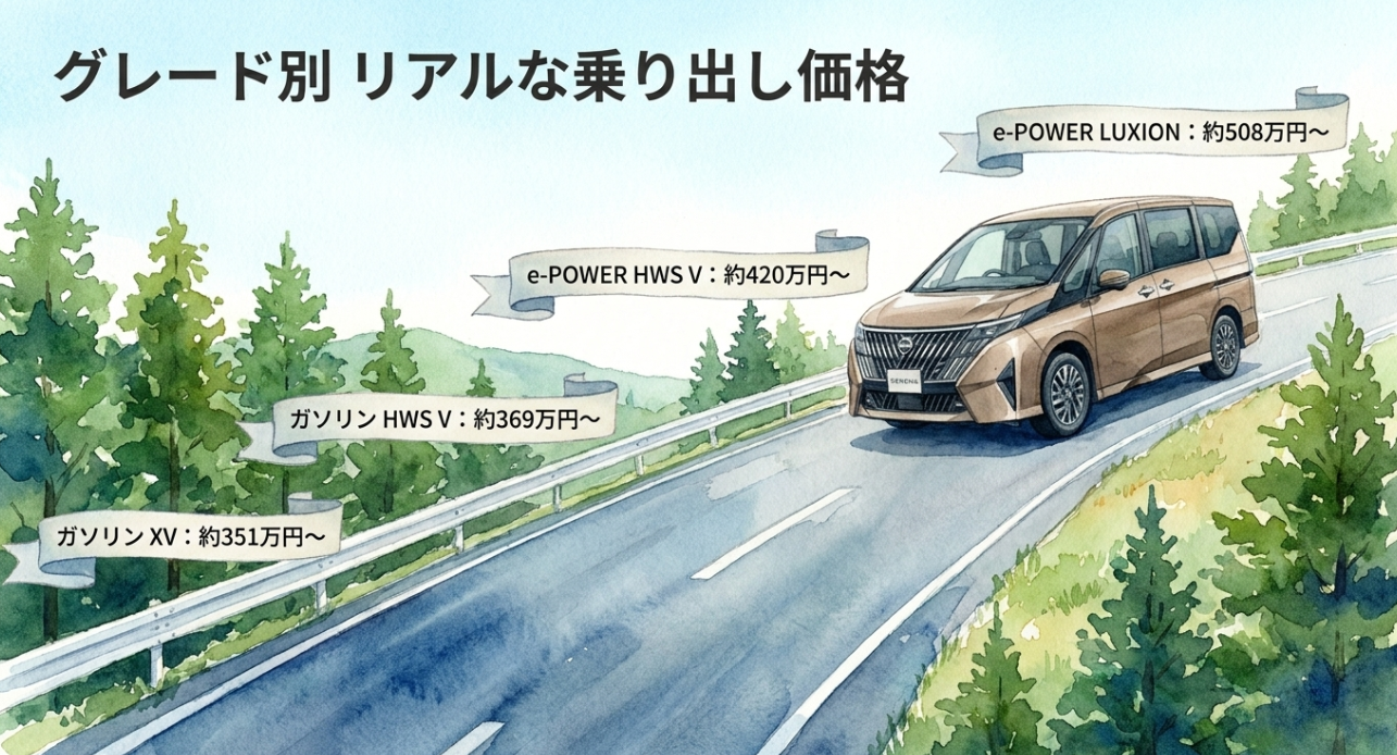 セレナのグレード別乗り出し価格をガソリン車とe-POWERで比較した図