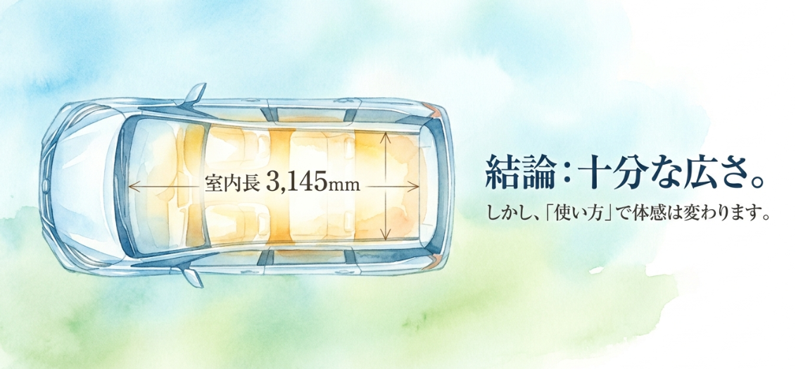 セレナの室内長3145mmを示し、十分な広さでも使い方で体感が変わることを説明するスライド