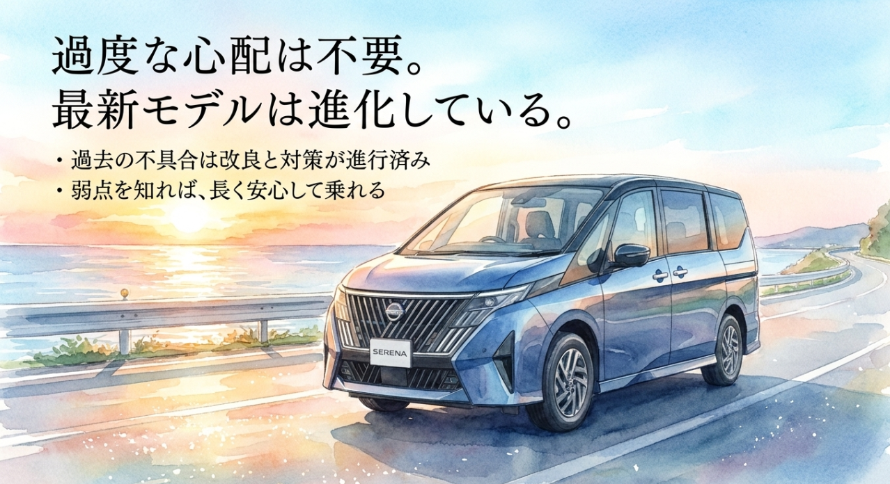 最新型セレナは過去の不具合対策や改良が進んでおり、過度な心配は不要であることを示すスライド
