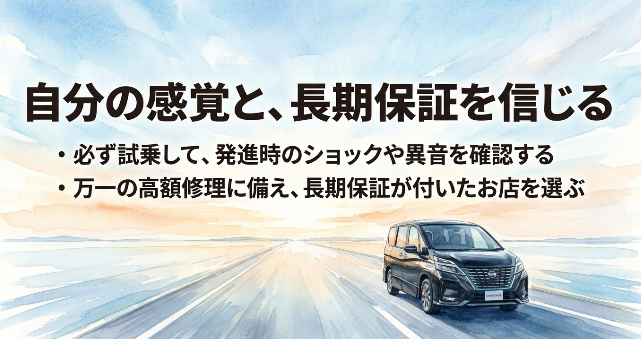 セレナの高額修理リスクに備えて、試乗確認と長期保証付き店舗を選ぶ重要性を説明するスライド