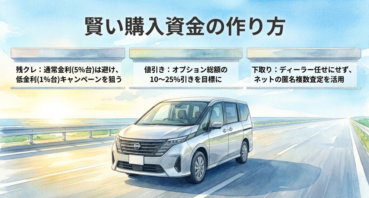 セレナ購入資金を作るための残クレ金利や値引き、下取り査定のポイント