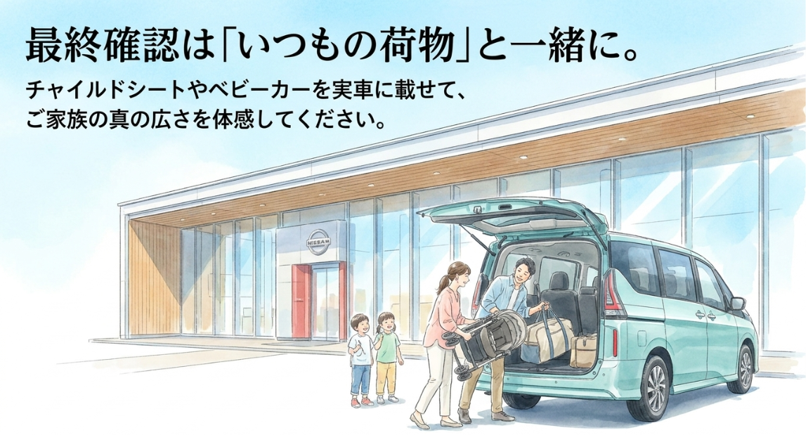 セレナ購入前にチャイルドシートやベビーカーを実車に載せ、家族に必要な広さを確認する重要性を示すスライド