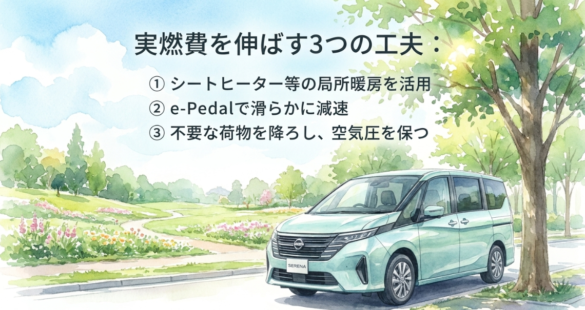 セレナの実燃費を伸ばすための暖房・e-Pedal・荷物整理の工夫を紹介するスライド