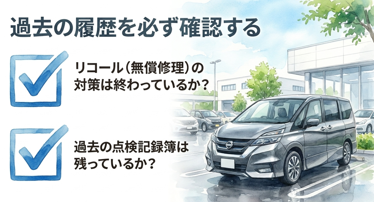 セレナ中古車を購入する前に、リコール対策状況や点検記録簿を確認する必要性を示すスライド