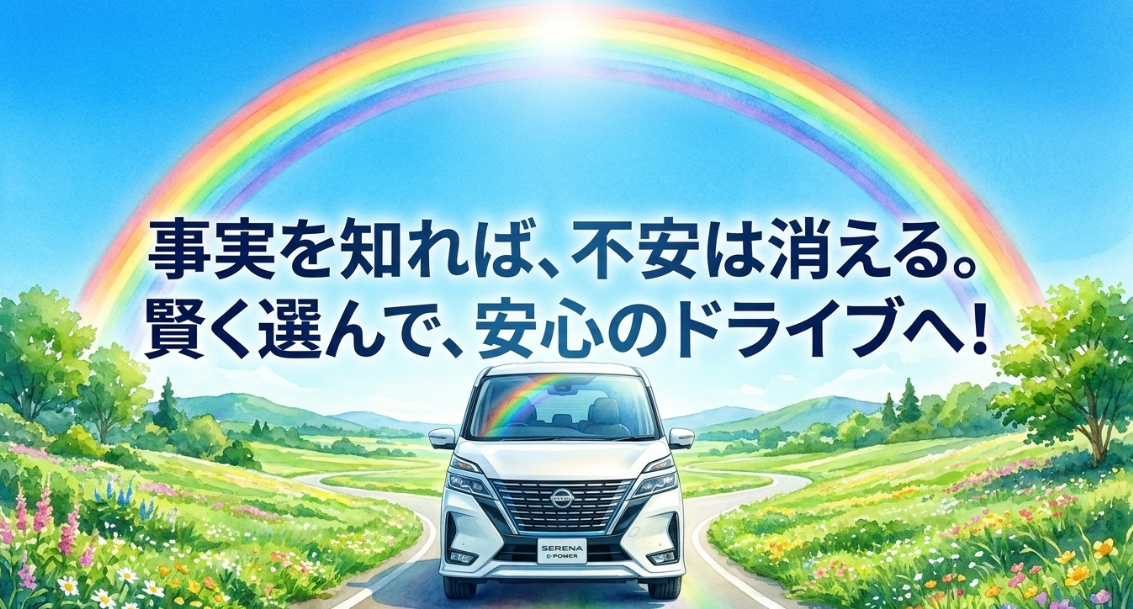 セレナの故障リスクは事実を知りリコールや整備状態を確認すれば安心して選べることを伝える結論スライド