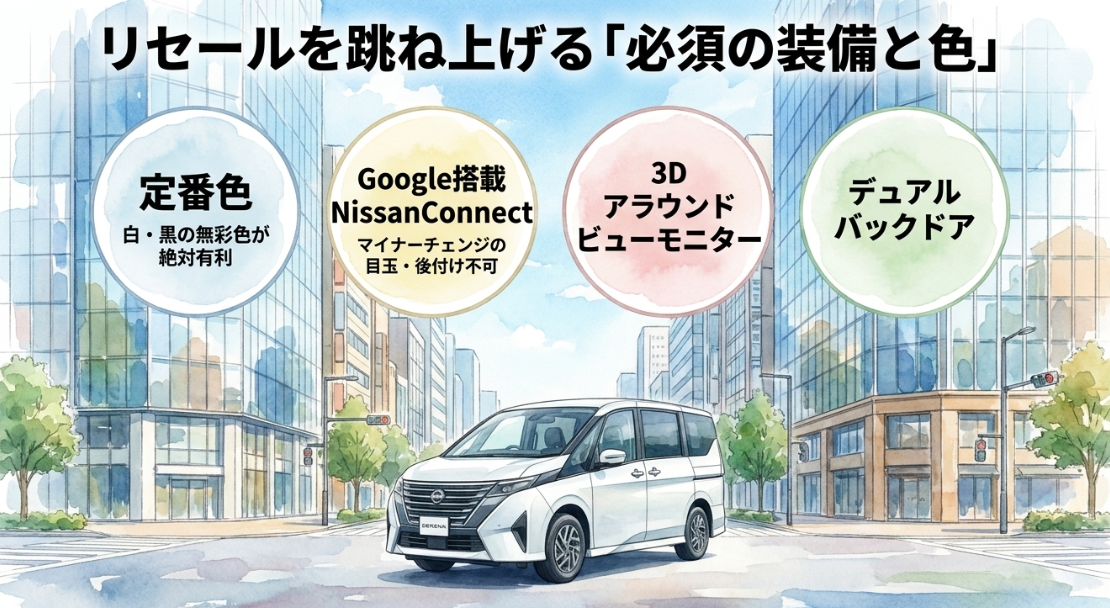 セレナのリセールを高める白黒カラーやGoogle搭載NissanConnectなどの重要装備を示すスライド