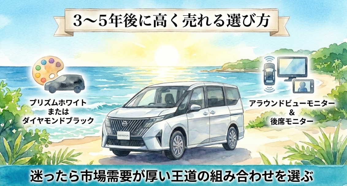 3年から5年後に高く売れやすいセレナの色や装備の選び方
