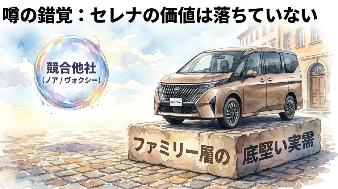 セレナの価値は落ちておらずノアやヴォクシーとの比較で低く見えやすいことを示すスライド