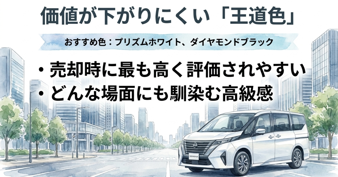 新型セレナでリセールバリューを重視する人におすすめのプリズムホワイトとダイヤモンドブラックを紹介するスライド