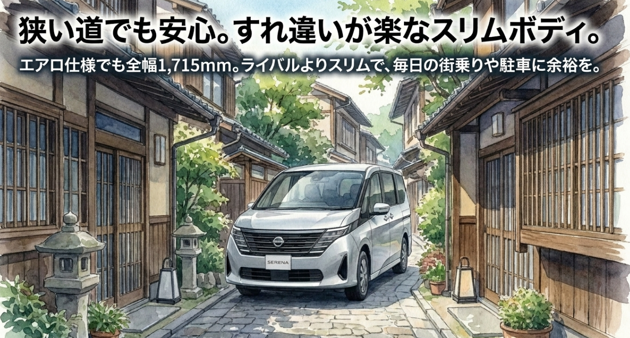 全幅1715mmのスリムなセレナが狭い道でも運転しやすいことを示すスライド