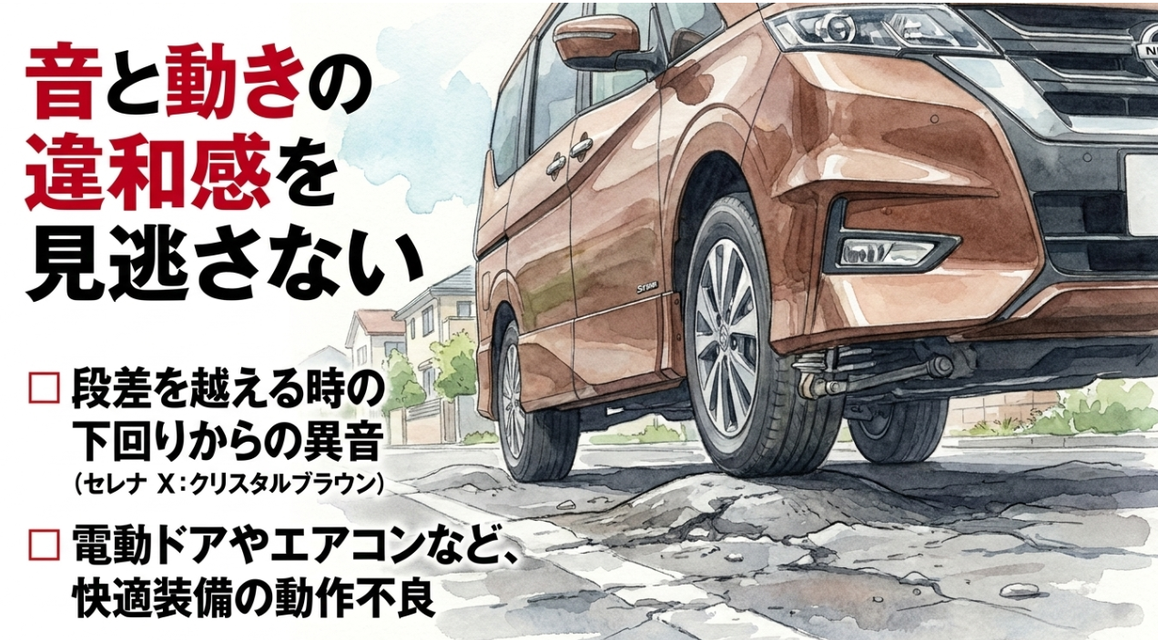 セレナ中古車の試乗時に、段差での下回り異音や電動ドア・エアコンの動作不良を確認する重要性を示すスライド