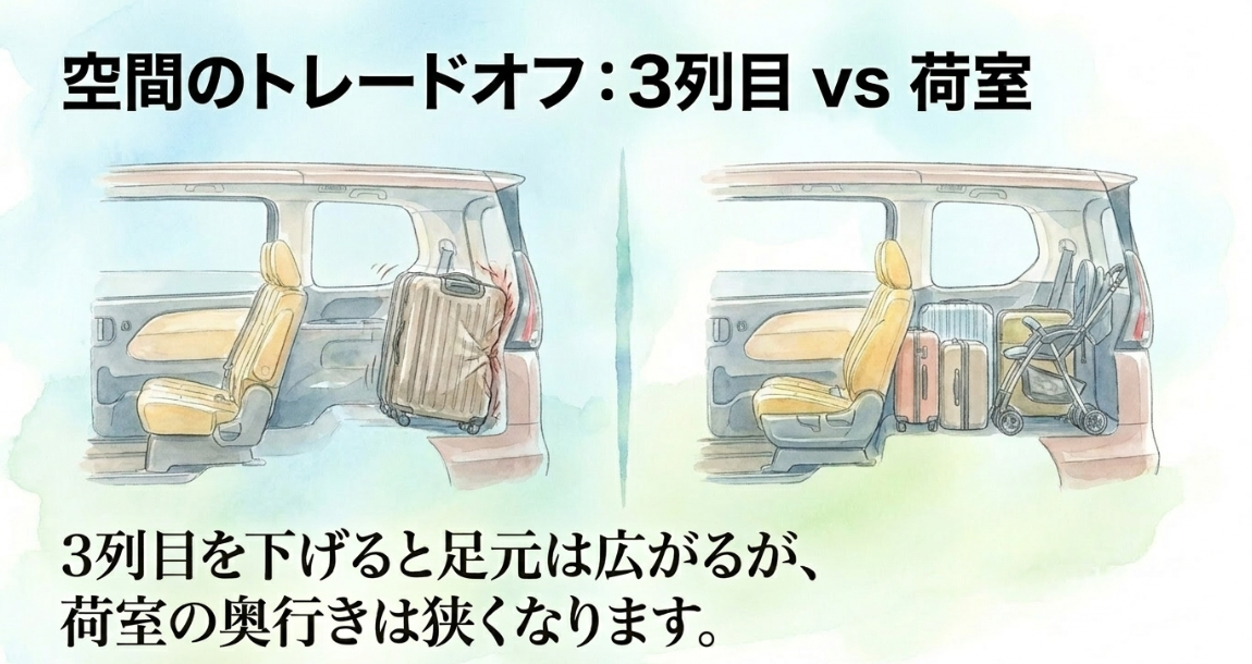 セレナの3列目を使うと足元は広がる一方で荷室の奥行きが狭くなることを示すスライド