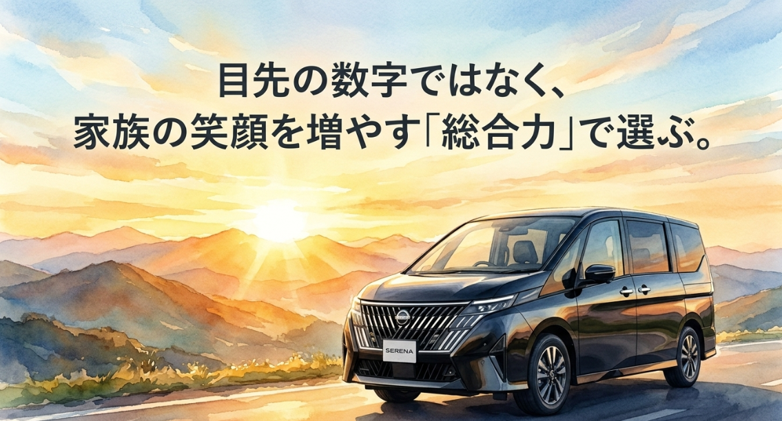 セレナを燃費の数字だけでなく家族の笑顔を増やす総合力で選ぶことを伝えるスライド
