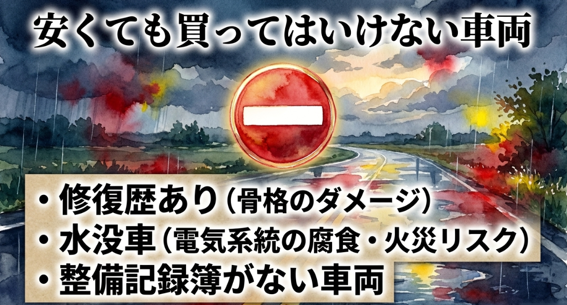 セレナ中古車で安くても避けるべき修復歴あり車や水没車や整備記録簿なし車両を示すスライド