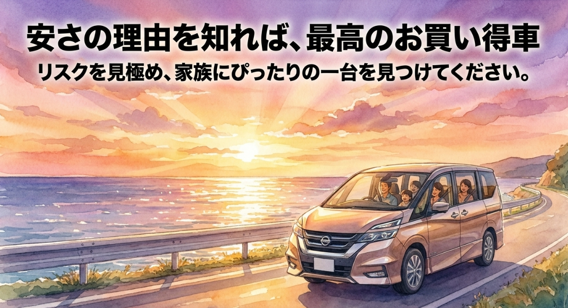 セレナ中古車の安い理由を理解して家族に合うお買い得な一台を選ぶことを伝えるまとめスライド