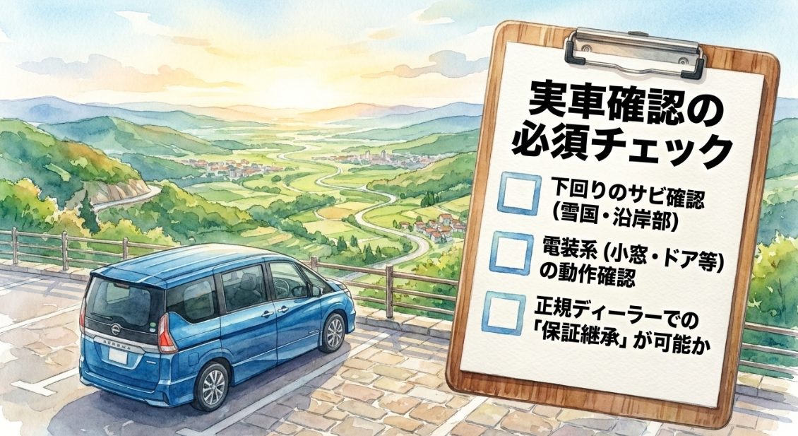 セレナ中古車の実車確認で下回りのサビや電装系や保証継承を確認するチェックリストのスライド