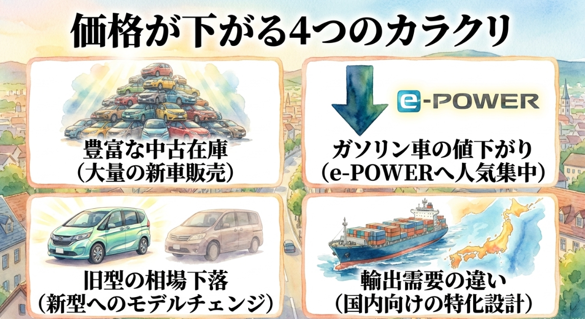 セレナの中古価格が下がる4つの理由を流通量やガソリン車の値下がりなどで整理したスライド