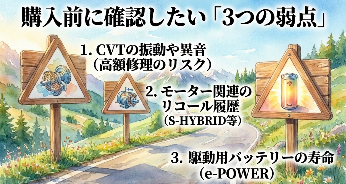 セレナ中古車の購入前に確認したいCVTやモーターや駆動用バッテリーの弱点をまとめたスライド