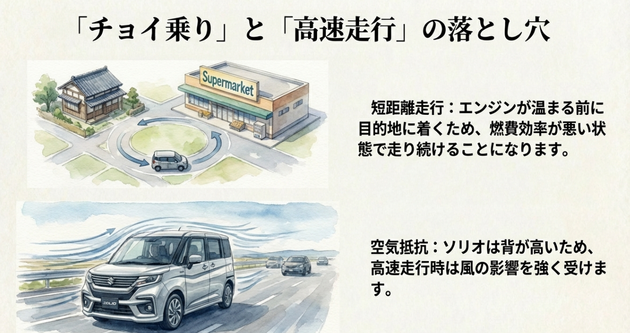 市街地の短距離走行（チョイ乗り）と高速走行時の空気抵抗が燃費に与える影響