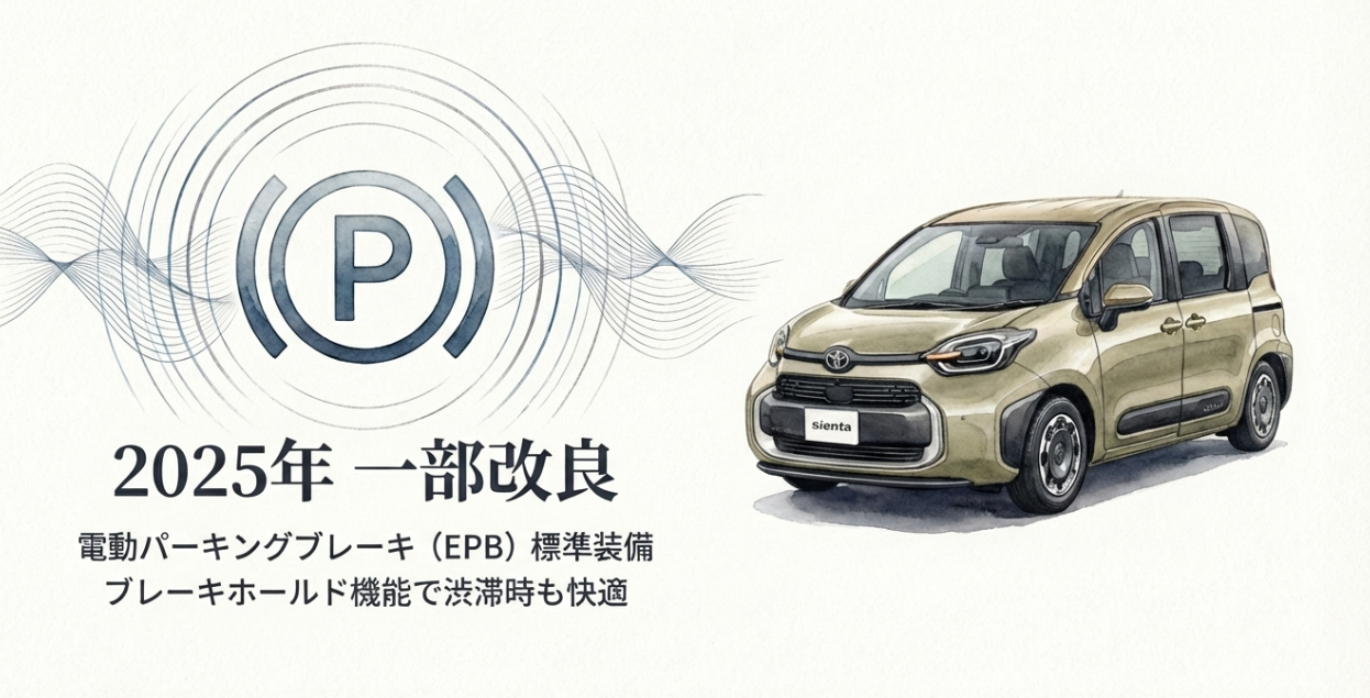 2025年の一部改良でシエンタに電動パーキングブレーキとブレーキホールドが標準装備されたことを示すスライド。