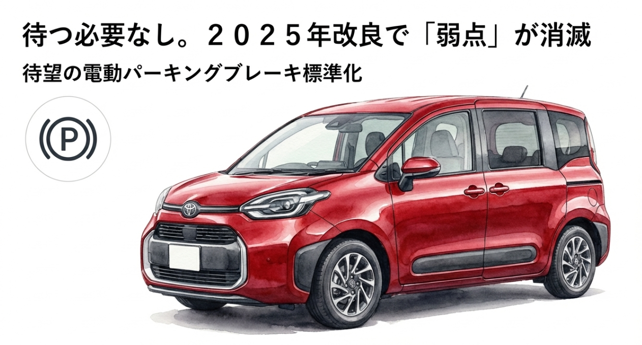 2025年改良でシエンタの弱点が解消されたことを示すスライド。赤いシエンタのイラストと電動パーキングブレーキのアイコンを掲載