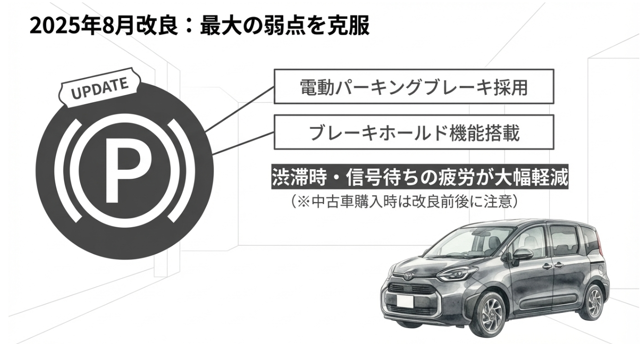 2025年8月のシエンタ一部改良内容をまとめたスライド。電動パーキングブレーキとブレーキホールドの採用により、渋滞時や信号待ちの疲労軽減につながることを示している