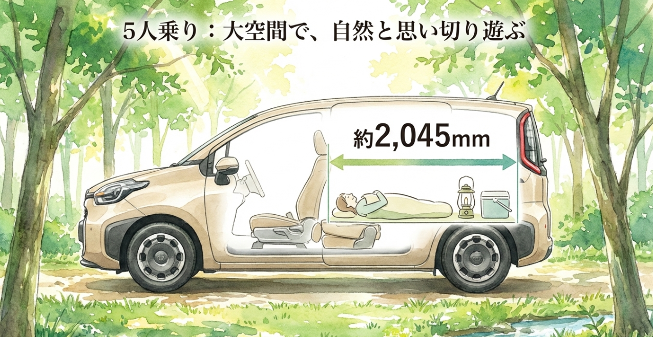 5人乗りシエンタの広い荷室空間と約2045mmのフラットスペースを示す図解